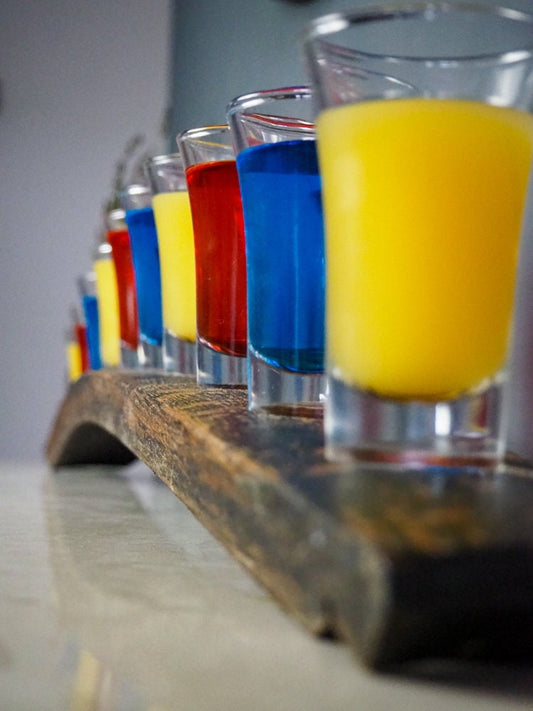 Rustic Handmade Shot Glass Holder Gift made using an Oak Whisky Barrel+10 Shot Glasses