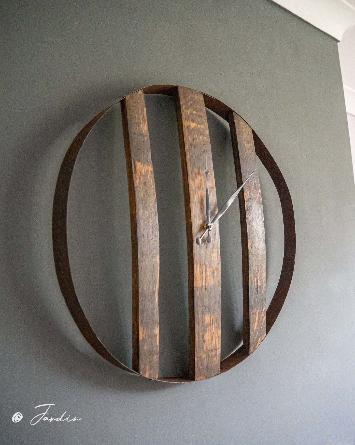 Oak Whisky Barrel Clock / Hoop Clock / Stave Clock / Large Metal Wood Clock - Handcrafted