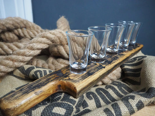Rustic Handmade Shot Glass Paddle Gift made using an Oak Whisky Barrel - Includes Shot Glasses