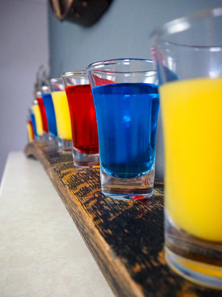 Rustic Handmade Shot Glass Holder Gift made using an Oak Whisky Barrel+10 Shot Glasses