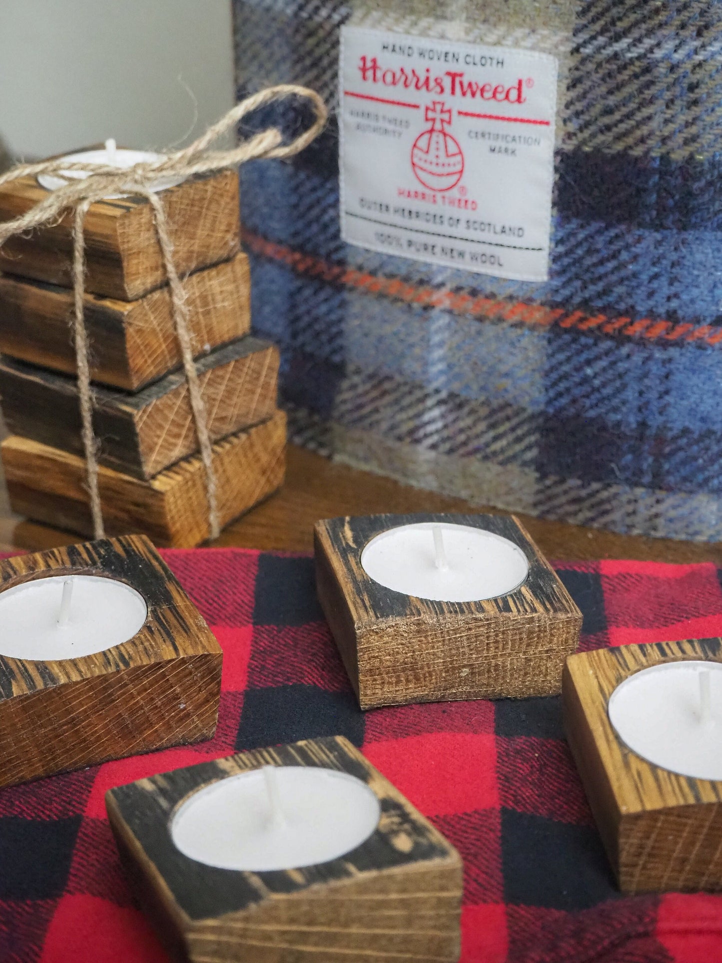 Rustic Handmade Tea Light Gift 4 pack made using an Oak Whisky Barrel Stave