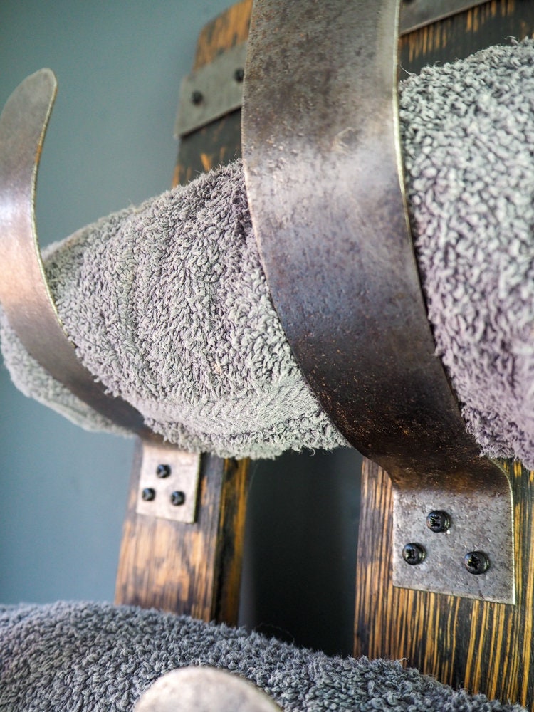 Rustic Handmade Towel Rack made from an Oak Whisky Barrel Stave and Hoops