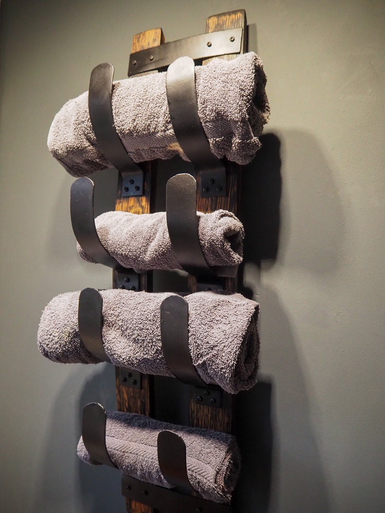 Rustic Handmade Towel Rack made from an Oak Whisky Barrel Stave and Hoops