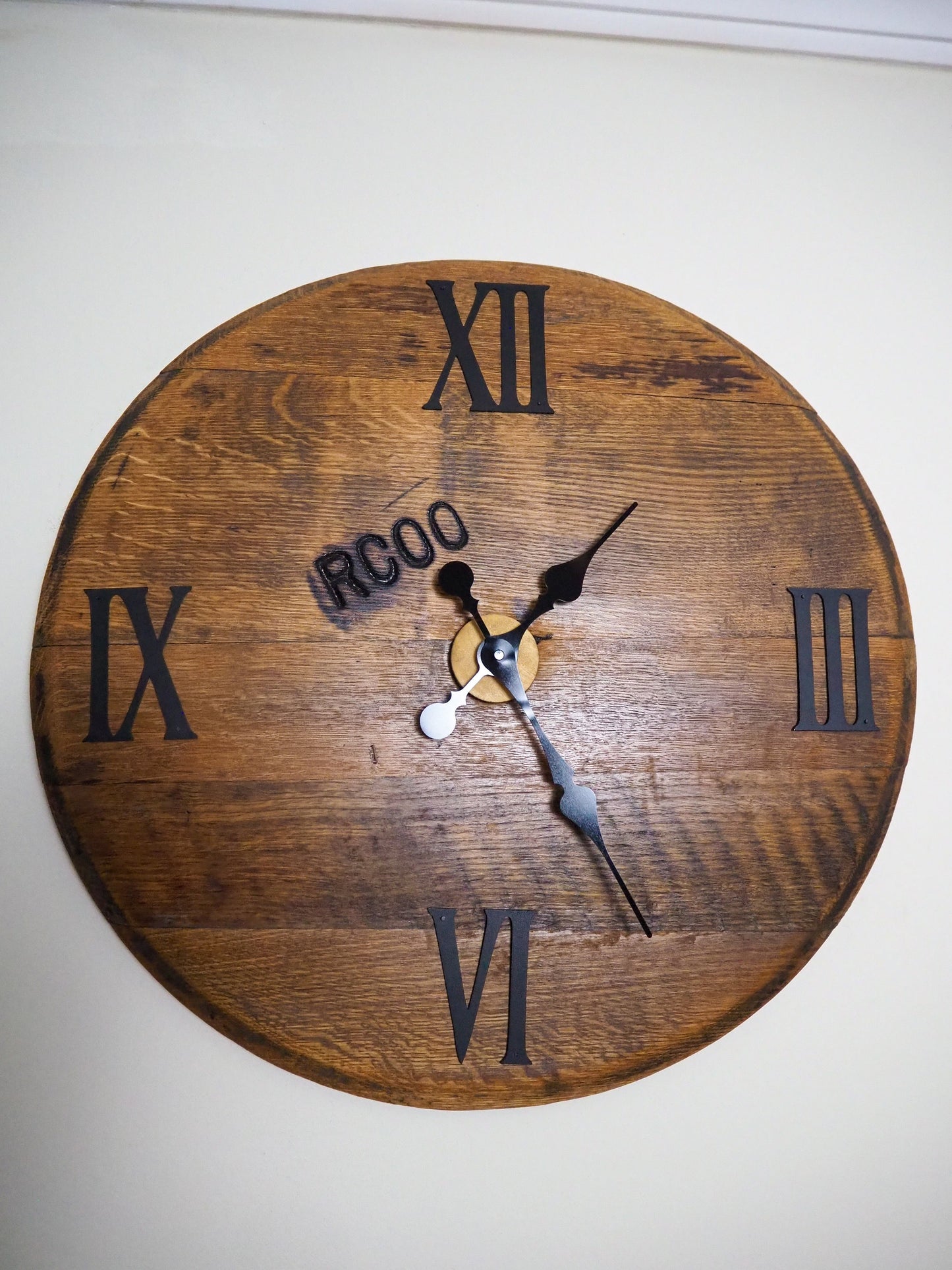 Rustic Handmade Clock made using an Oak Whisky Barrel Lid