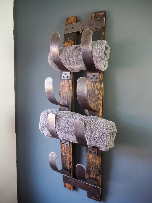 Rustic Handmade Towel Rack made from an Oak Whisky Barrel Stave and Hoops