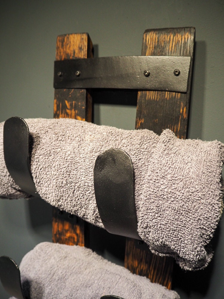 Rustic Handmade Towel Rack made from an Oak Whisky Barrel Stave and Hoops