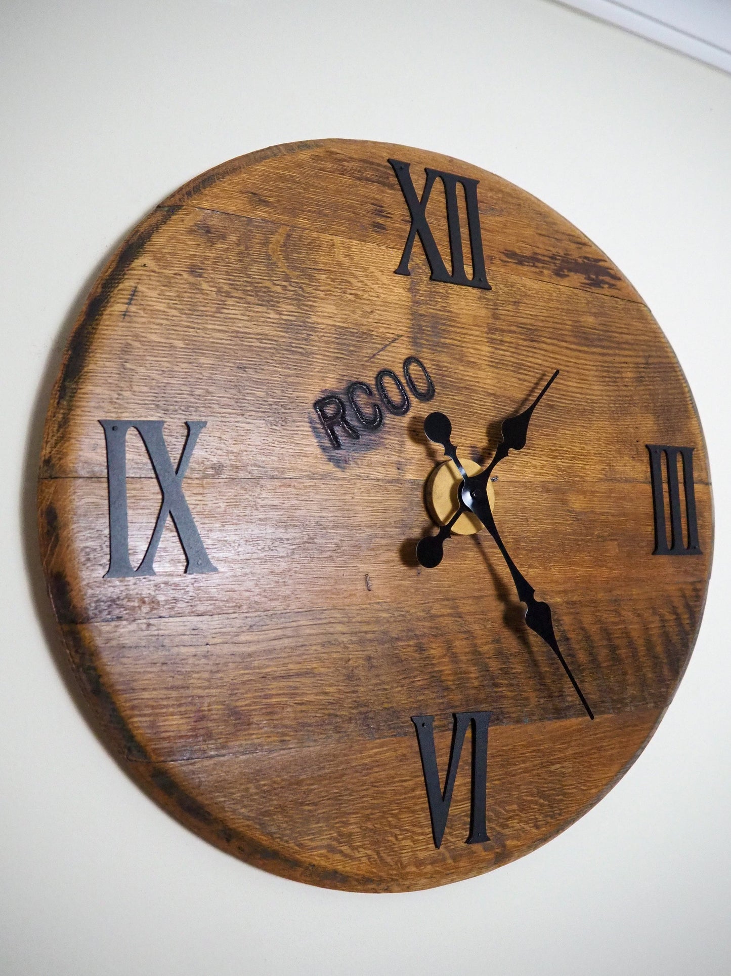 Rustic Handmade Clock made using an Oak Whisky Barrel Lid