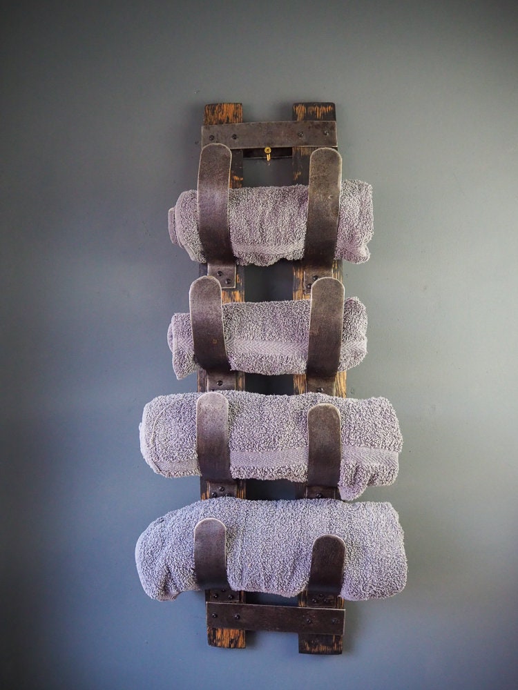 Rustic Handmade Towel Rack made from an Oak Whisky Barrel Stave and Hoops